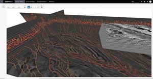 Fig. 3. Structural anomalies and fault patterns can be predicted with deep neural networks and co-visualized with seismic data. (Data courtesy of Geoscience Australia)
