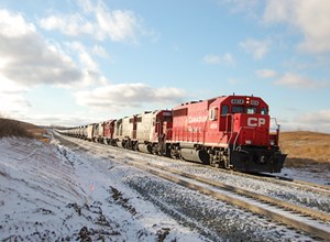 Coupled together at the loading tracks in New Town, N.D., a Canadian Pacific oil train awaits permission to start its journey to an Eastern refinery on Dec. 1, 2011. Photo by the author.