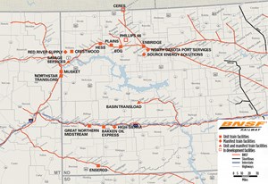 The BNSF Railway has various oil-loading facilities distributed along its routes through North Dakota and the Bakken shale area. Some locations only handle unit trains (consists of only one commodity, like oil), while others only handle manifest trains (a mix of car types and cargoes), and a few locations handle both types. Courtesy of BNSF Railway.