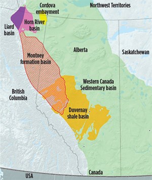 Aerial extent of predominant shale plays in Western Canada. Source: National Energy Board.
