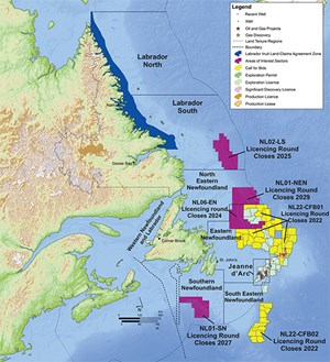 Fig. 8. This November, the 2022 bidding round for the Eastern Newfoundland and South Eastern Newfoundland areas will close. Licenses will be awarded to successful bidders in January 2023. Map: C-NLOPB.