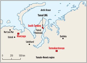 In 2015, Total began gas and condensate production from the onshore Termokarstovoye field, in the Yamalo Nenets Autonomous District of the Russian Federation. The field will produce around 6.6 MMcmgd and 20,000 bcpd, with a combined production capacity of 65,000 boed. Image: Total.