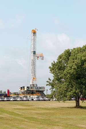 Fig. 1. Representing the increased level of drilling in the U.S., Cactus rig 169 sits ready to deploy from the firm’s yard in Oklahoma City, to the Texas panhandle. Photo: Cactus Drilling Company, LLC.