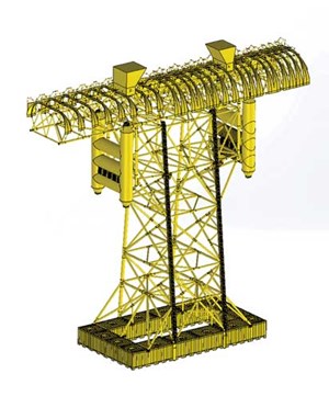 Fig. 7. Of the many components built as part of the SURF, one of the most interesting and challenging was the RSS (shown here), which weighed more than 8,500 MT and stood 361 ft tall in 820 ft of water. The sheer number of flexible risers, and field location, required a number of innovative engineering solutions.