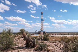 Fig. 1. The Permian basin—exemplified by this wellsite in Culberson County, Texas— remains the premier play in the U.S., despite its recent logistical headaches and high acreage prices. Photo: Latshaw Drilling.