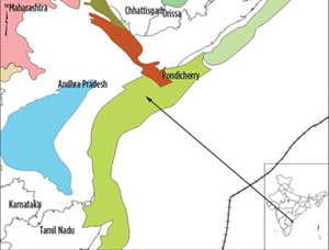 Fig. 2. Formed by two large east coast rivers, Krishna and Godavari, the KG basin is in Andhra Pradesh, and considered one of the most prolific basins in India, comprising 5,791 mi&lt;sup&gt;2&lt;&#x2F;sup&gt; on land and 9,652 mi&lt;sup&gt;2&lt;&#x2F;sup&gt; offshore. Map: Direcorate General of Hydrocarbons.