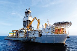 Fig. 3. Transocean drillship &lt;i&gt;Dhirubhai Deepwater KG1&lt;&#x2F;i&gt; is in the Bay of Bengal, supporting Reliance Energy, which is reinvesting in the Krishna-Godavari basin to revive gas production. Photo: Transocean.