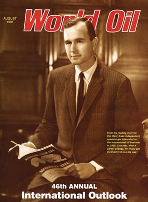 Fig. 5. During 1959, Bush posed for formal photos in a Houston photography studio, holding a copy of the August 15, 1959, issue of &lt;i&gt;World Oil&lt;&#x2F;i&gt;. This photo was later reproduced on the August 1991 cover of the magazine. Image: &lt;i&gt;World Oil&lt;&#x2F;i&gt; and the Bush Presidential Library.