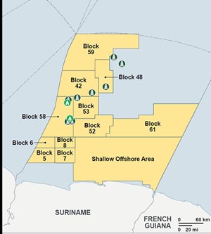 Fig. 4. Suriname exploration has primarily focused on Block 58 where two fields (green) have been discovered. Source: S&amp;P Global Commodities