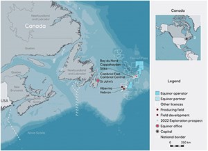 Fig. 1. Once Equinor reaches an FID decision, Bay du Nord development work will take place northeast of the current, main production area offshore NL. Map: Equinor.