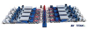 Fig. 2. First 40,000-HHP commercial fleet of TITAN hydraulic fracturing pumps powered by eight natural gas direct-drive turbines.
