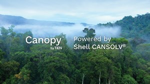 forest with text reading &quot;Canopy by T.E.N. Powered by Shell Cansolv&quot; Ca